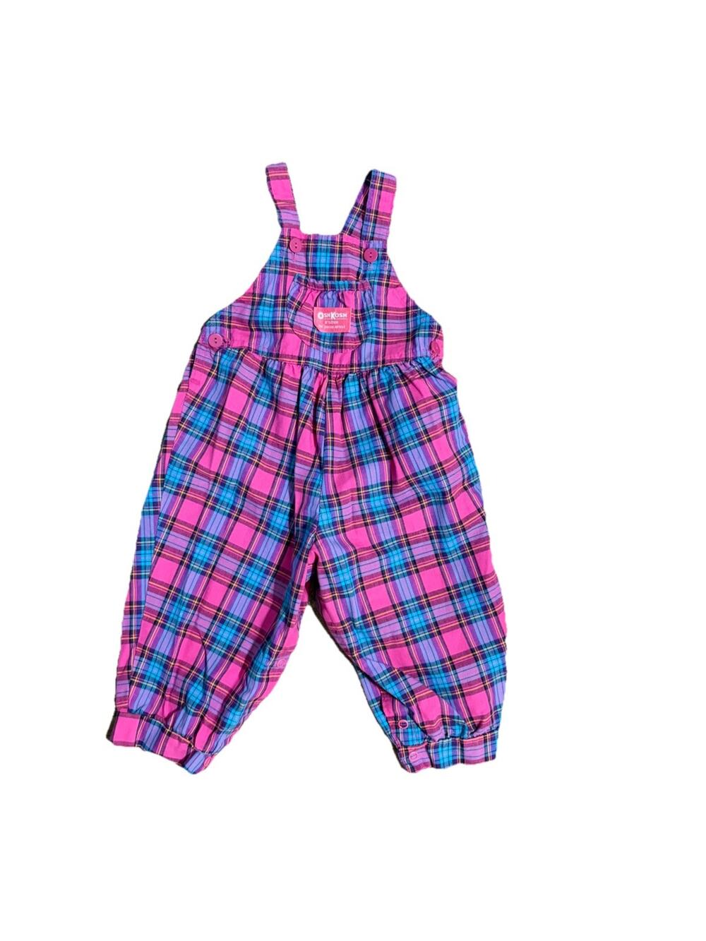 Vtg 90s Osh Kosh Vestbak Plaid Overalls, Girls Pink And Blue Vibrant Size 18 Mo